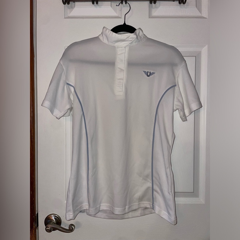 Woman’s TuffRider Short-Sleeve Polo with Light Blue Piping Show shirt